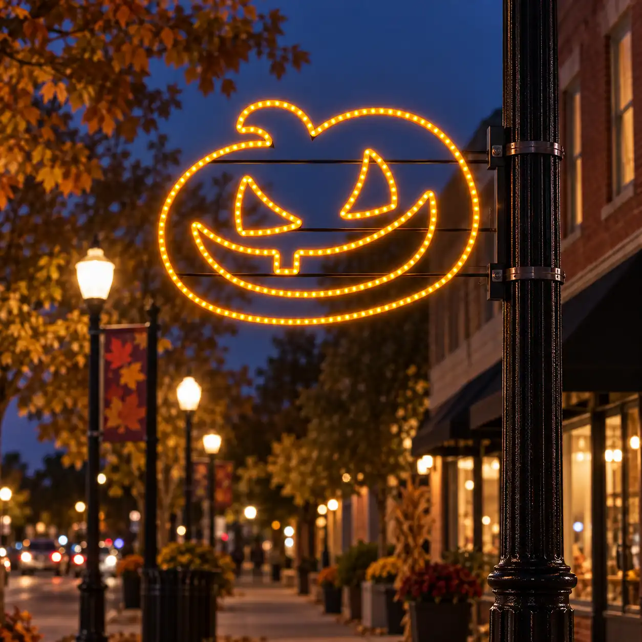 Side-mounted illuminated pumpkin Halloween display on a street pole